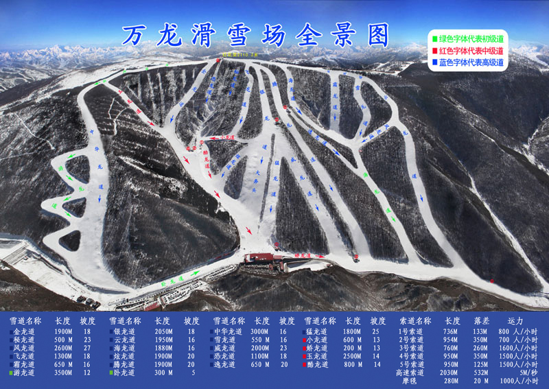 万龙滑雪场简介; 万龙滑雪场雪道图; 万龙雪场雪道示意